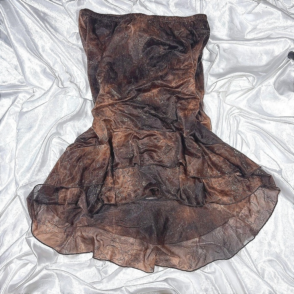 y2k whimsical Tube Dress Brown Glitter Tiered Ruffle Anna USA